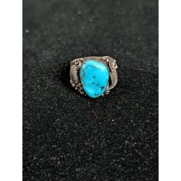 Vintage Turquoise Ring Intricate Silver Leaf Design Southwestern Statement - Picture 4 of 14
